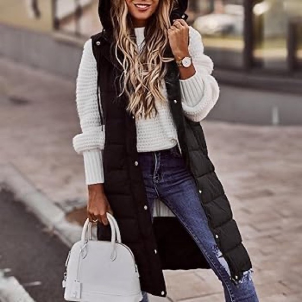 Zara Black Quilted Hooded Long Puffer Vest - Picture 7 of 9